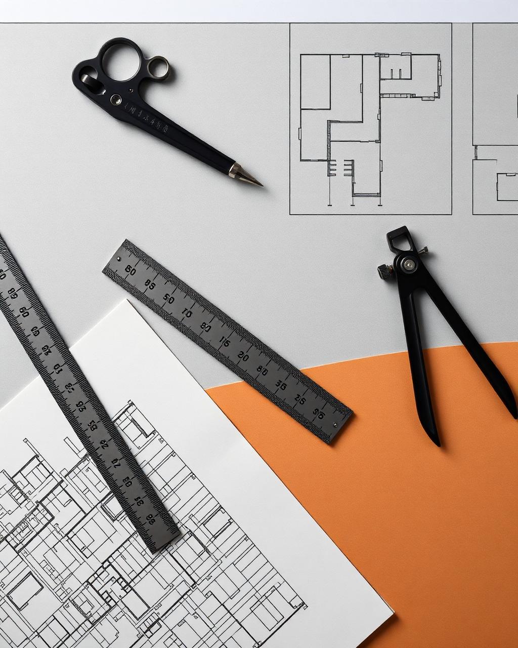 Architect's desk with drafting instruments and blueprints